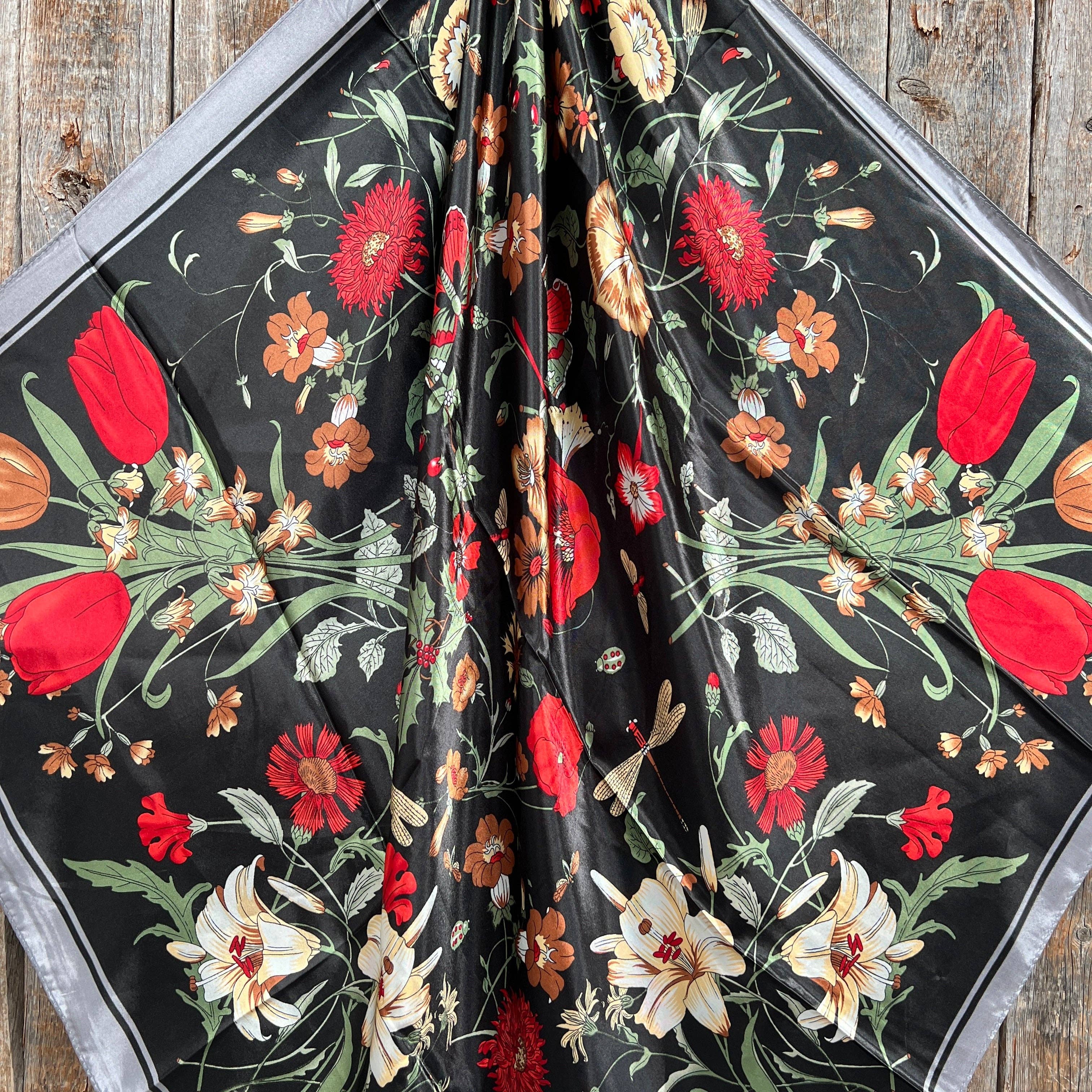 35X35" Black and Silver Tulips and Lilies Wild Rag / Scarf