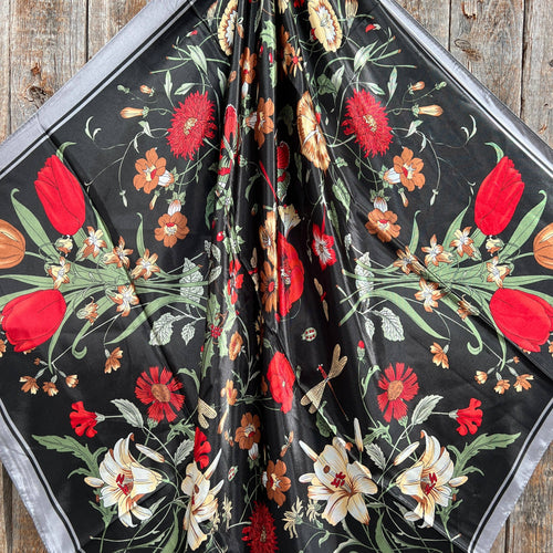 35X35" Black and Silver Tulips and Lilies Wild Rag / Scarf