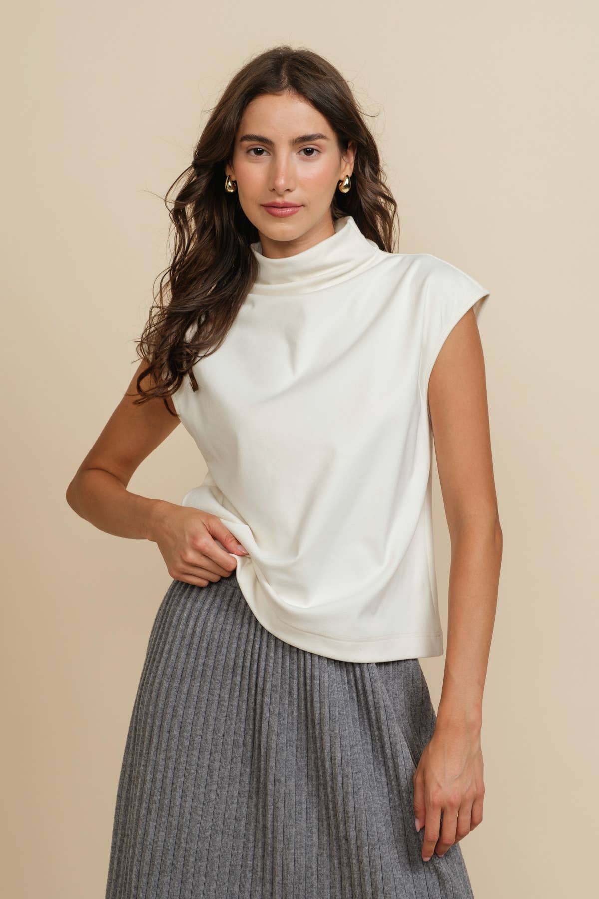 Soft Touch Brushed Knit Mock Neck Sleeveless Top