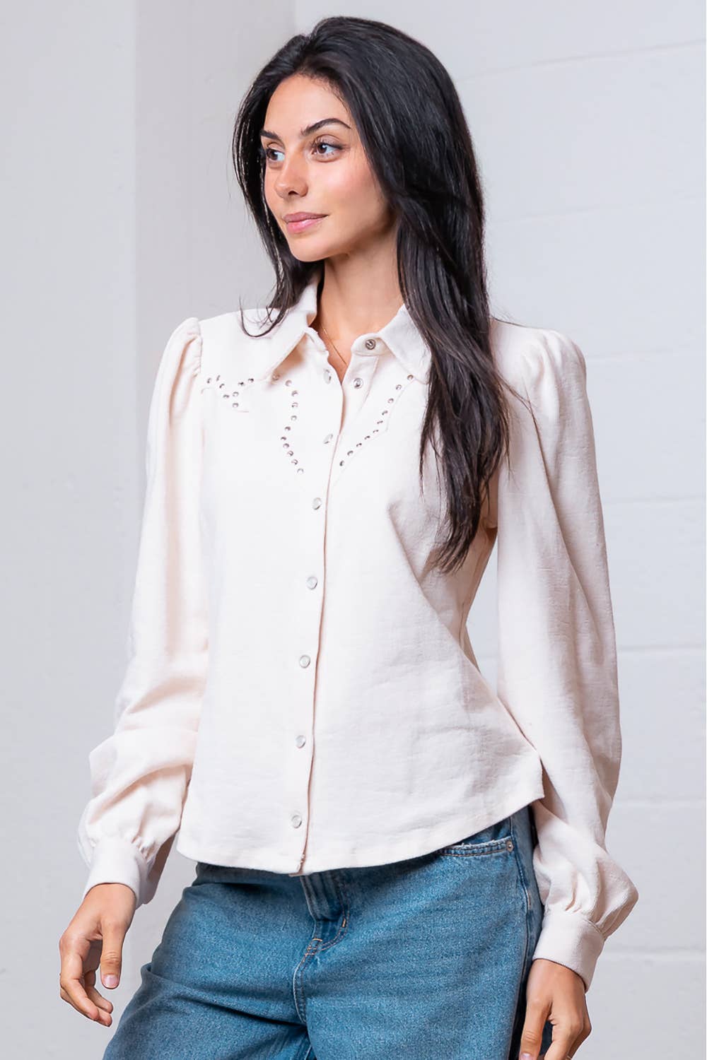 LONG SLV DESIGNED YOKE WITH STUD DETAIL BLOUSE