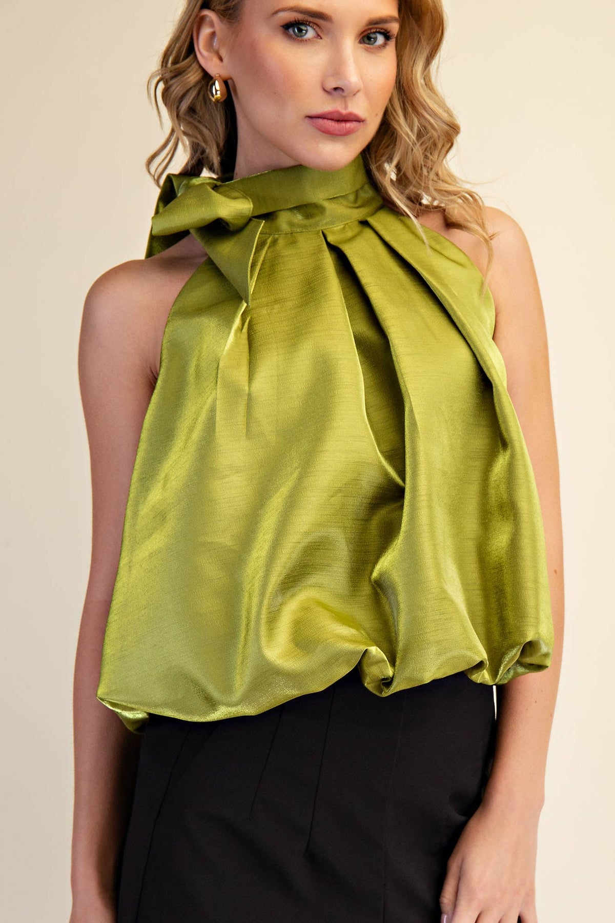 High Neck Tie Wrap Balloon Sleeveless Top