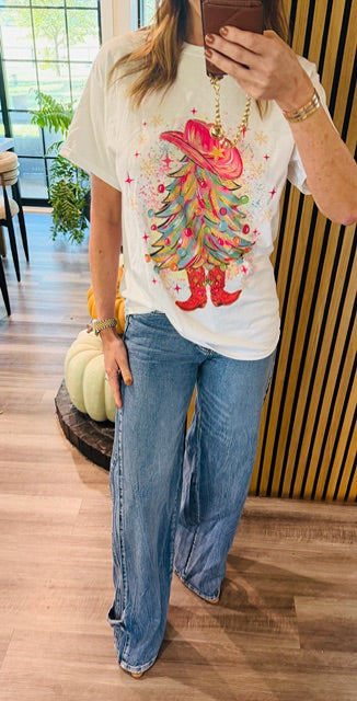 Shop The Look Cowgirl Chirstmas T paired with Palazzo pants and heels