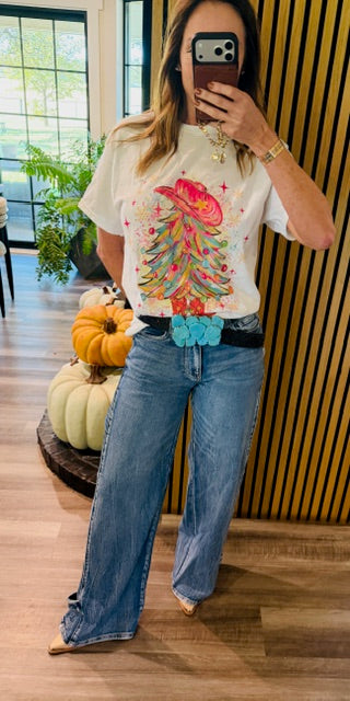 Shop The Look Cowgirl Chirstmas T paired with Palazzo pants and heels
