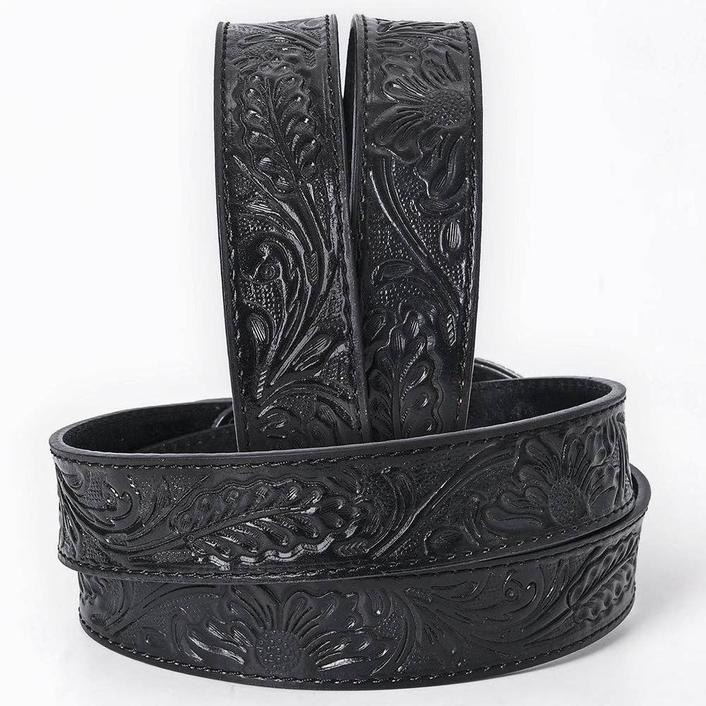 Hand-Tooled Black Floral Leather Belt
