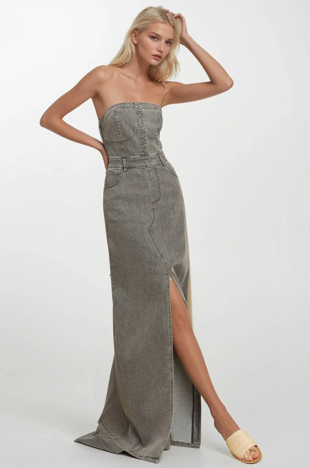 STRAPLESS DENIM MAXI