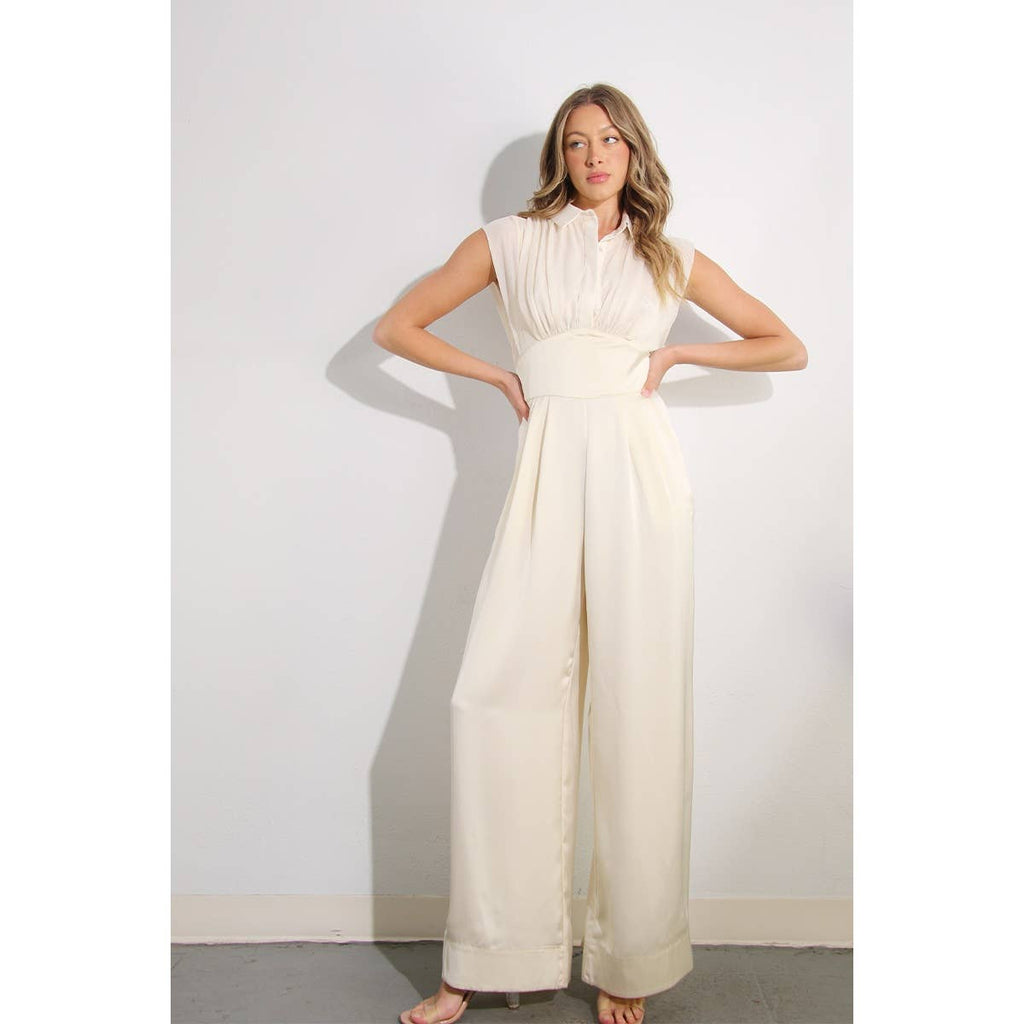 PLEATED TOP SATIN JUMPSUIT