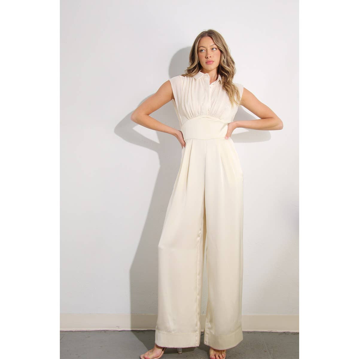 PLEATED TOP SATIN JUMPSUIT
