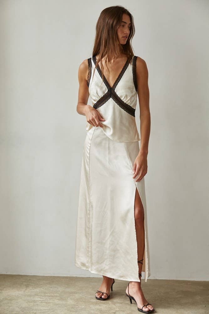 Satin Contrast Lace Trim Detail Sleeveless Top