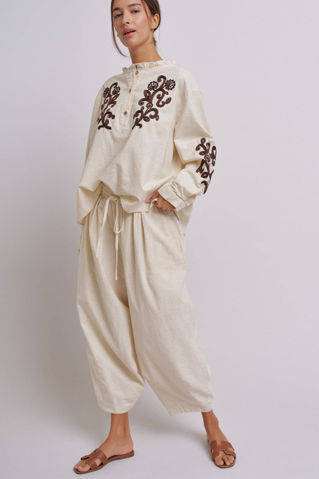 Embroidered Cotton Linen Blouse With Ruffle Collar