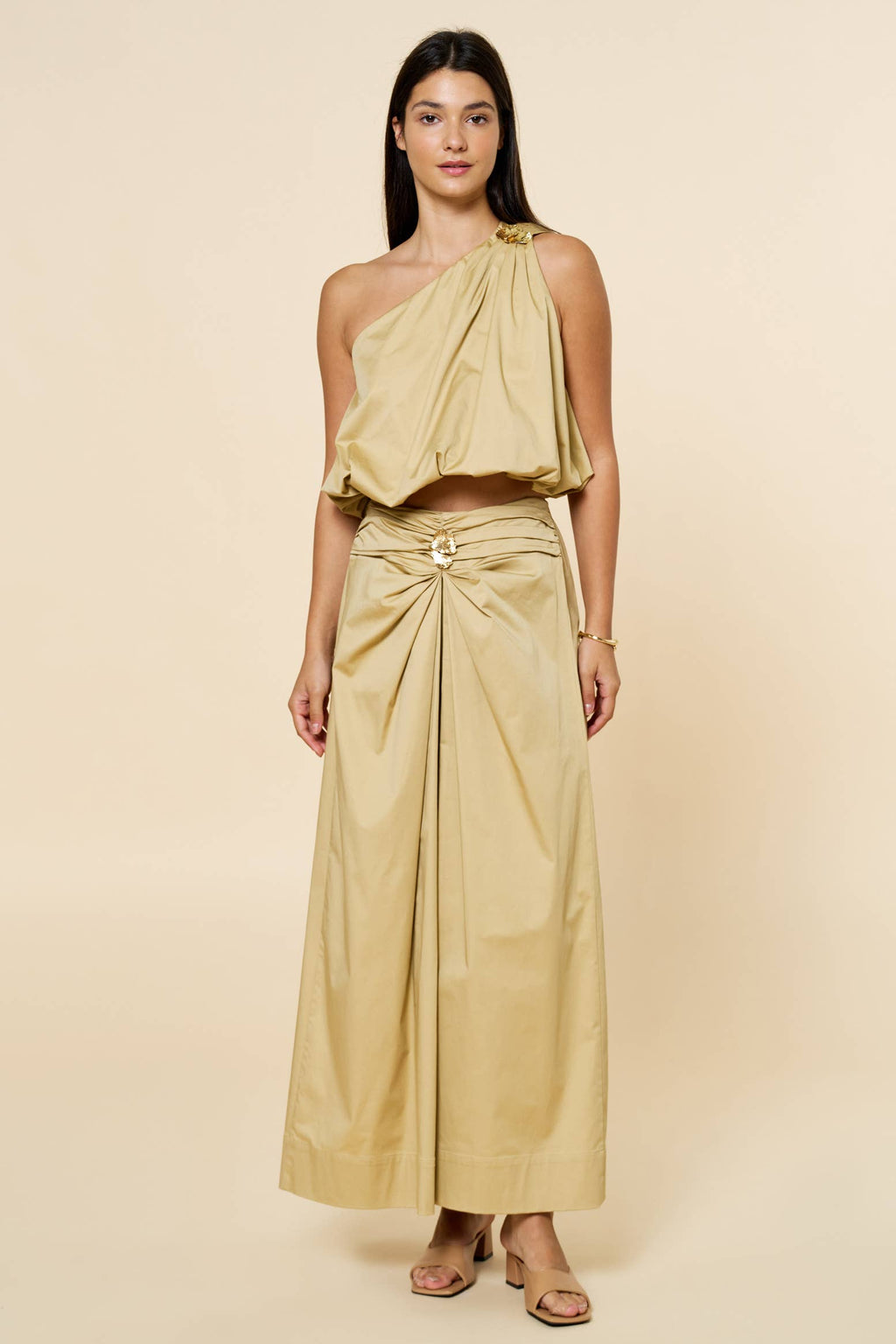 One Shoulder Bubble Top & skirt W/Gold Leaf Detail