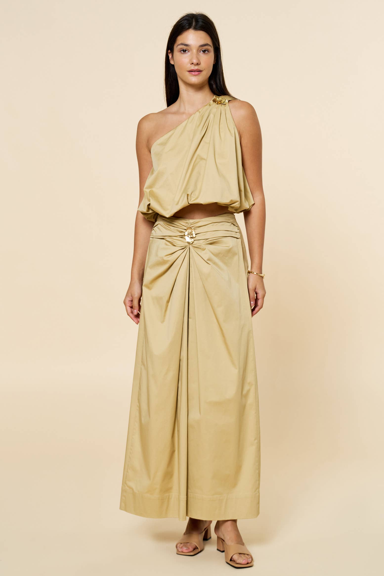 One Shoulder Bubble Top & skirt W/Gold Leaf Detail