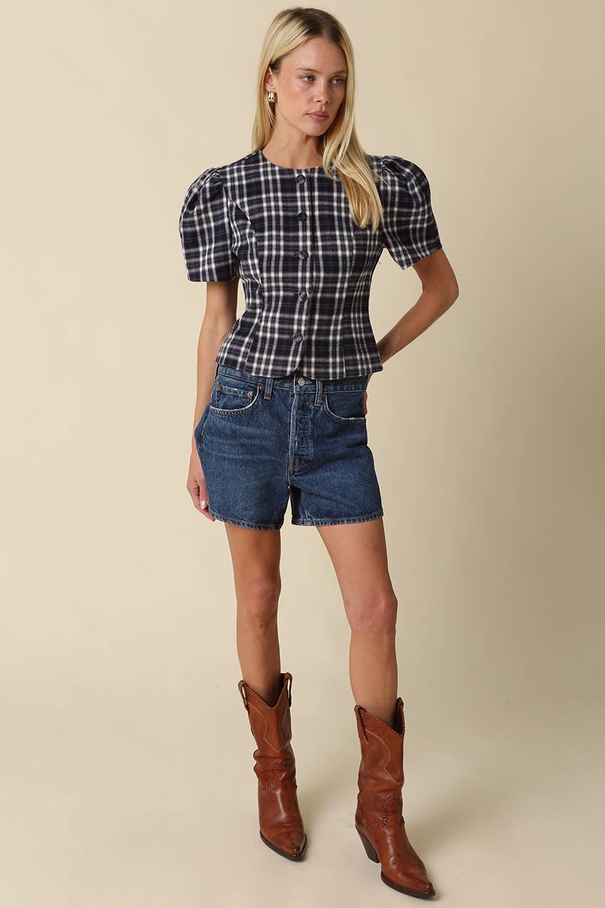 Claudia Plaid Puff Sleeve Blouse