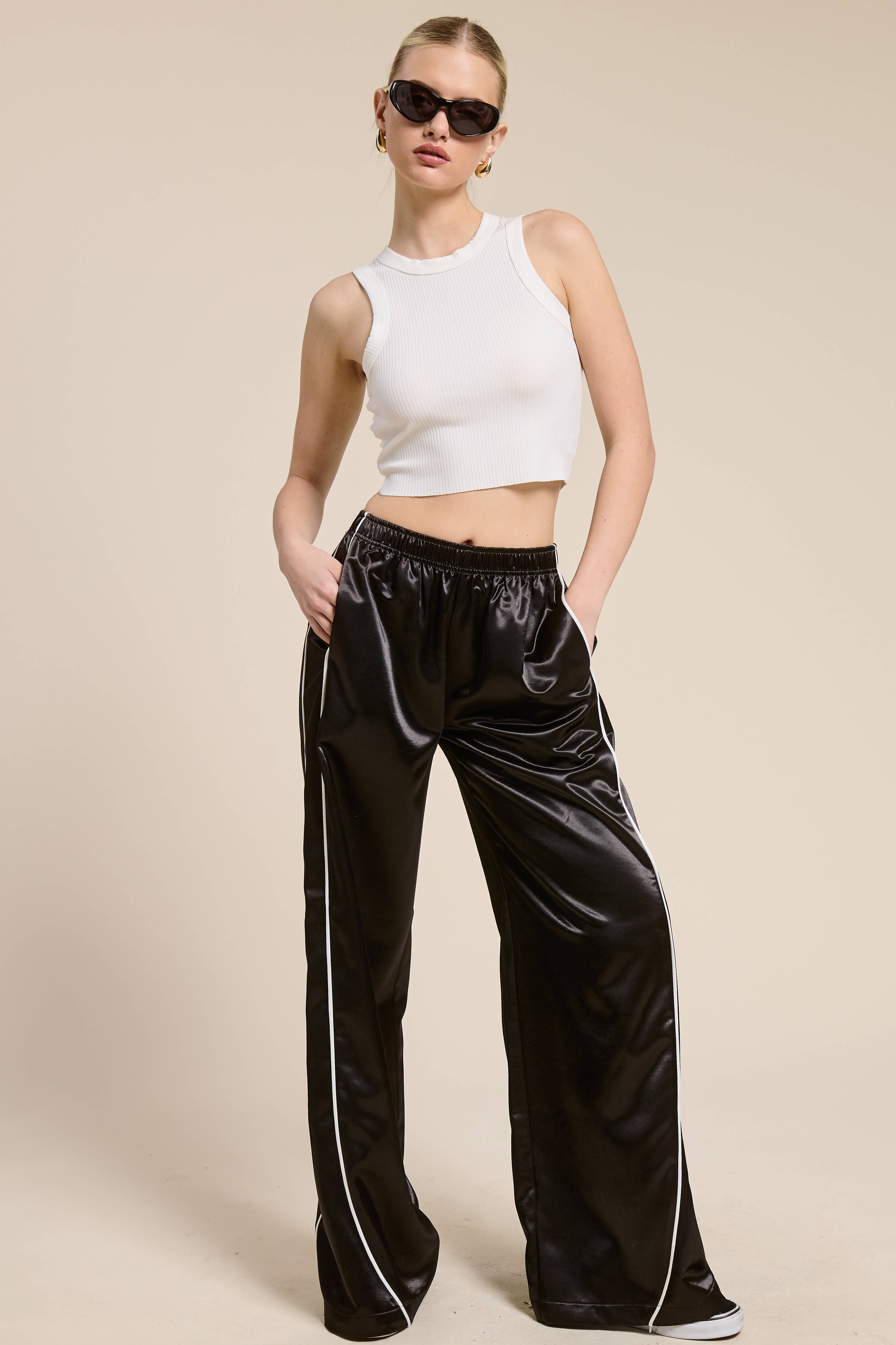 Satin Stripe Wide Leg Track Pants