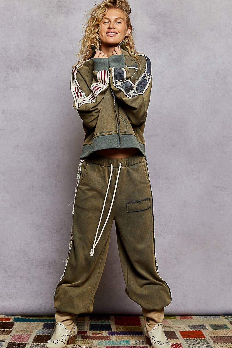 French terry striped patch trim star patch knit pants