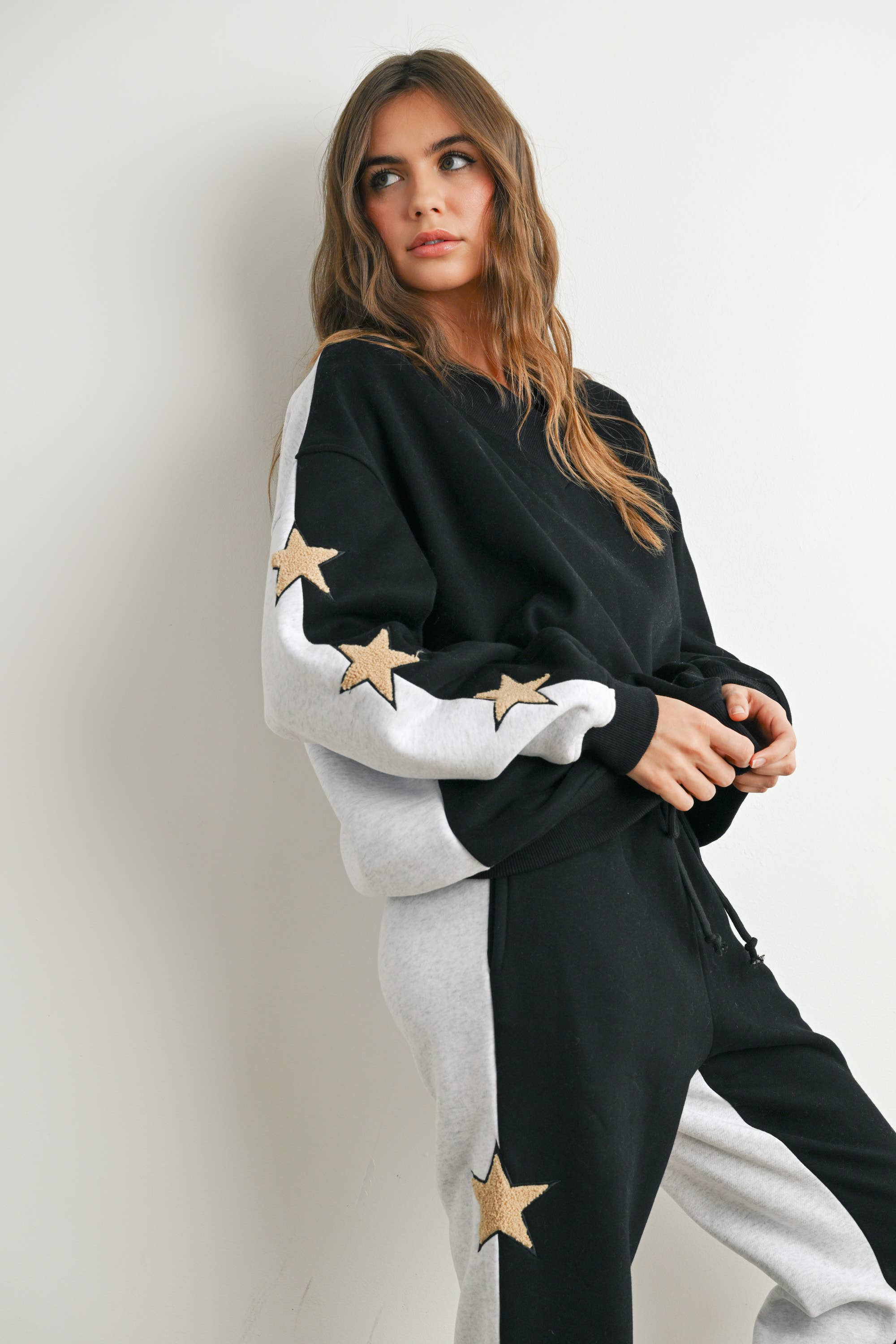Long Sleeve Round Neck Sweatshirt with Star Detail