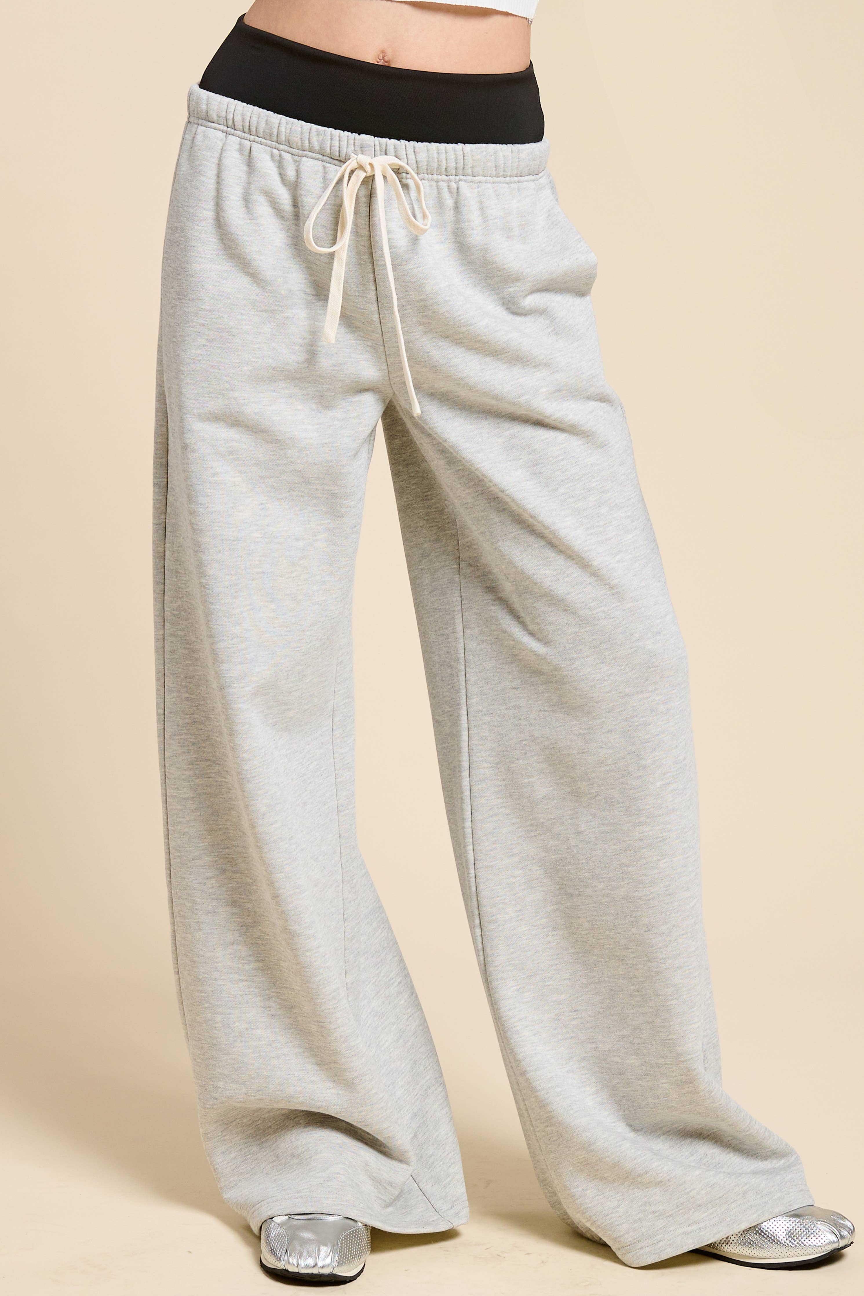 Wide Leg Drawstring Sweatpants with Contrast Waistband