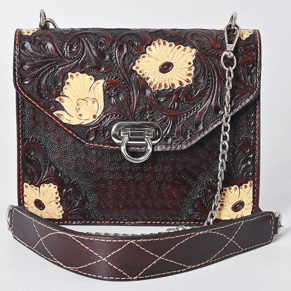 Hand-Tooled Leather Messenger Bag with Floral Design & Chain Strap