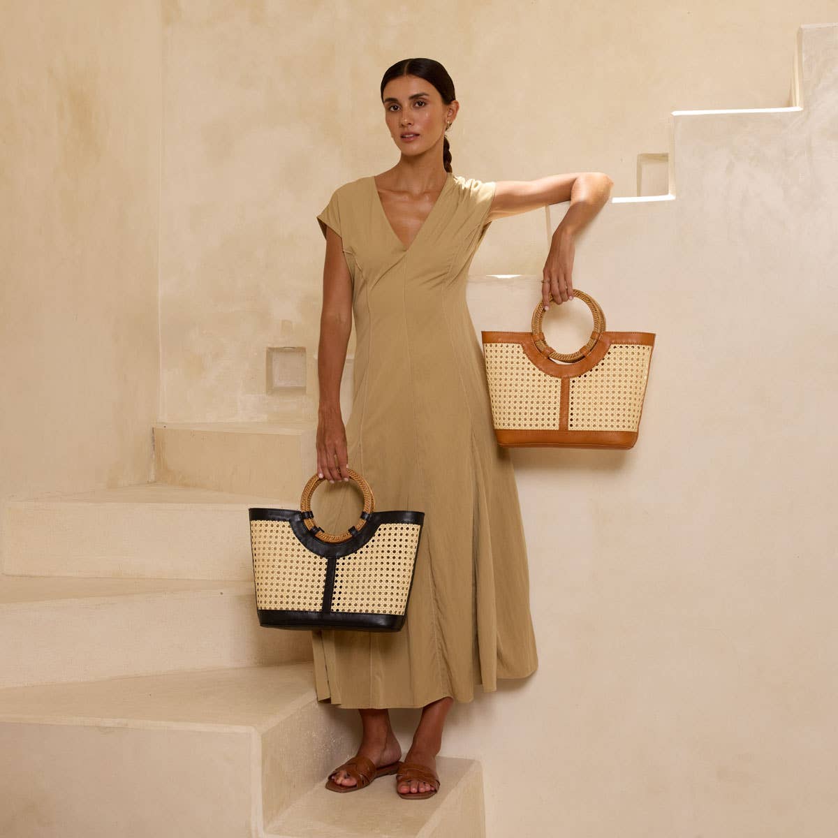 Brown Leather Large Square Cane Weave Tote Rattan Handle
