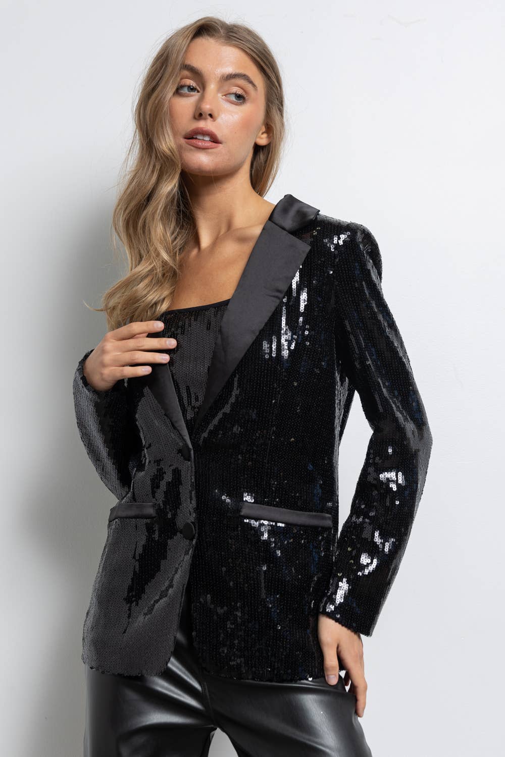 IJ2630 Sequined Button Down Blazer Jacket