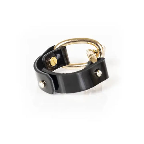 Black Leather Bracelet with Gold Lock & Chain Accent