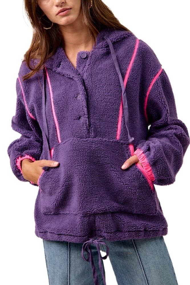 Sherpa Buttoned Hoodie Top With Contrast Binding