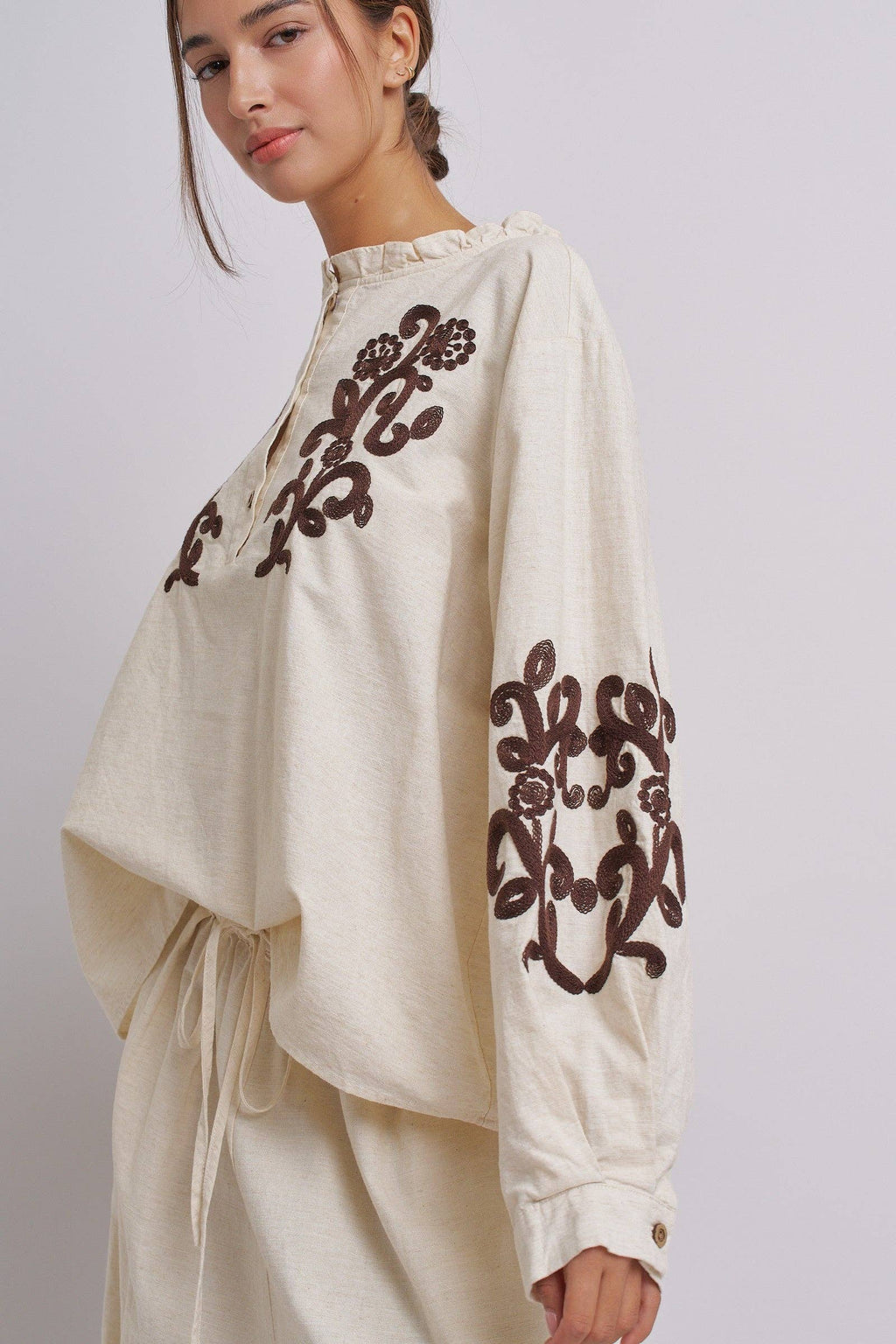 Embroidered Cotton Linen Blouse With Ruffle Collar