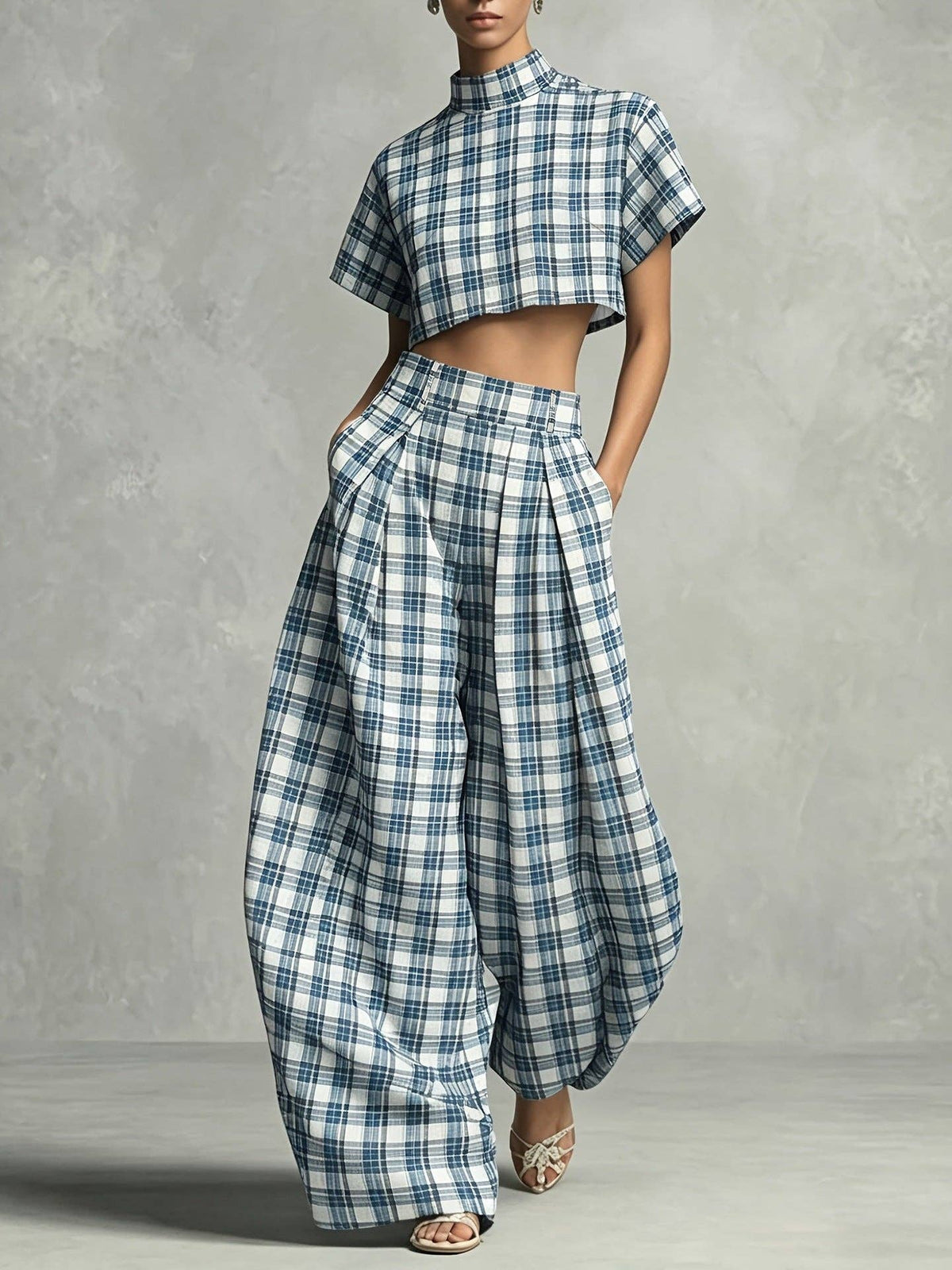 Check High Neck Crop Top and Wide Leg Pants Set  N6D105