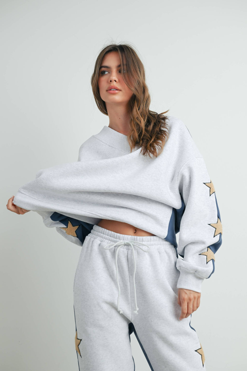 Long Sleeve Round Neck Sweatshirt with Star Detail