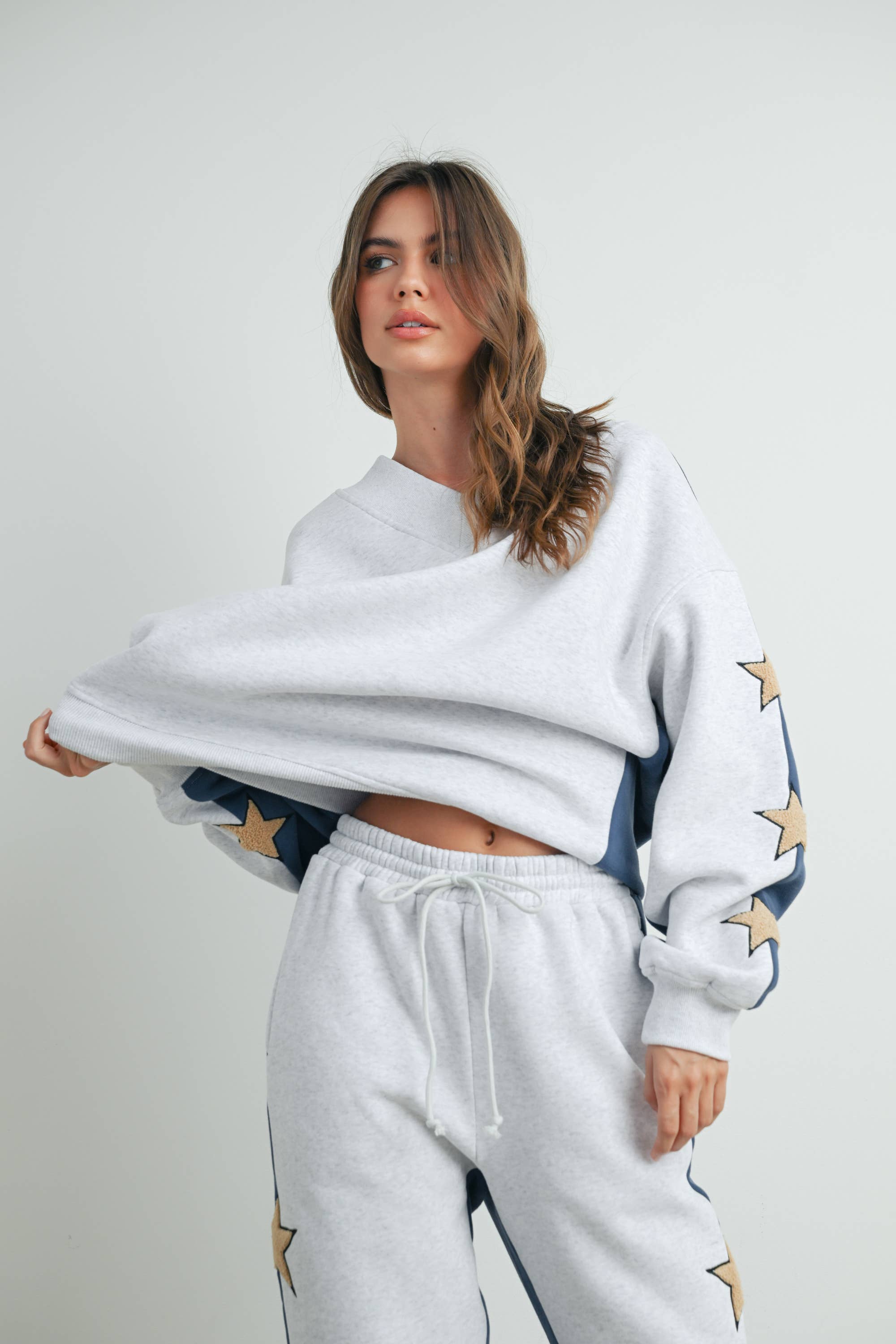Long Sleeve Round Neck Sweatshirt with Star Detail