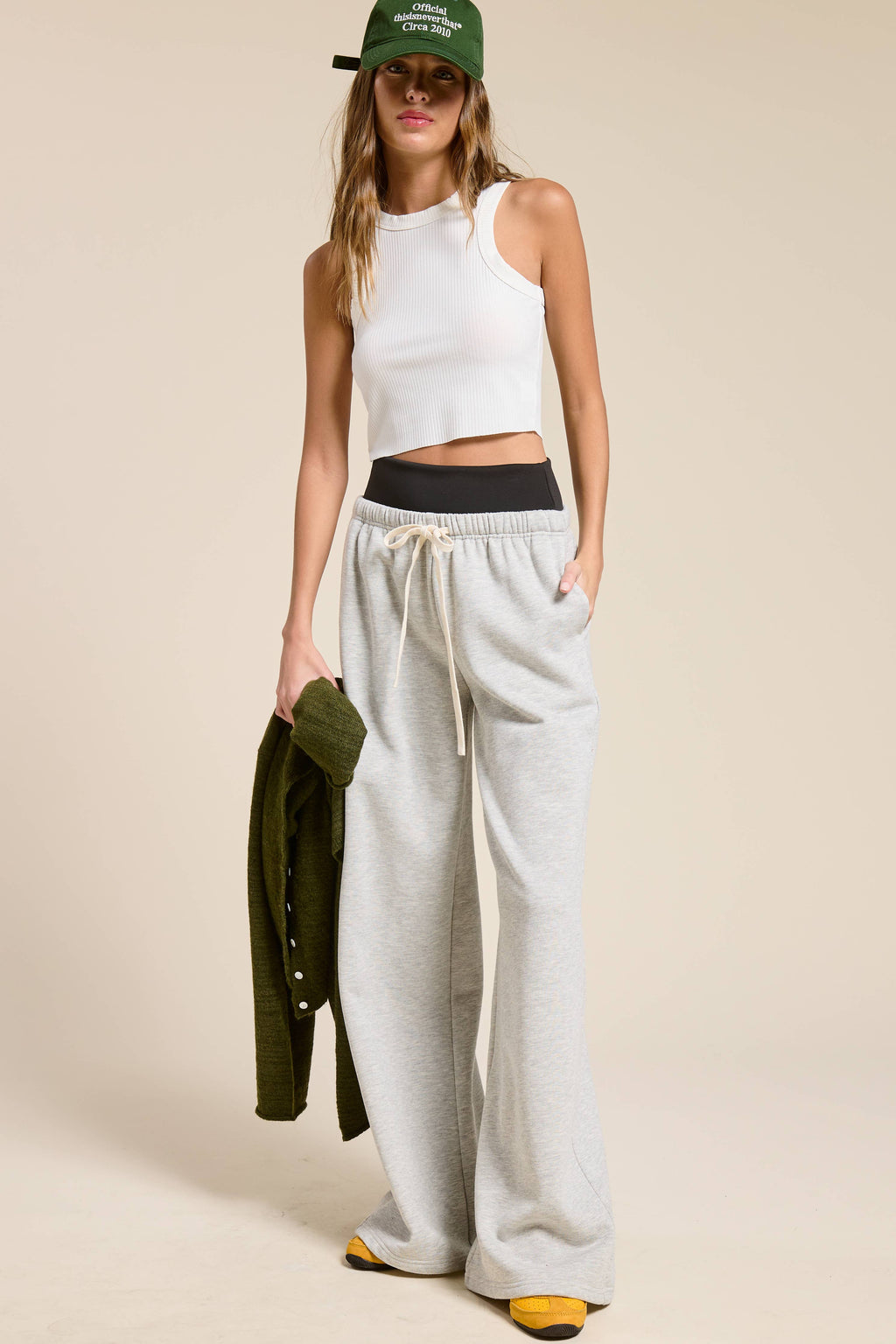 Wide Leg Drawstring Sweatpants with Contrast Waistband