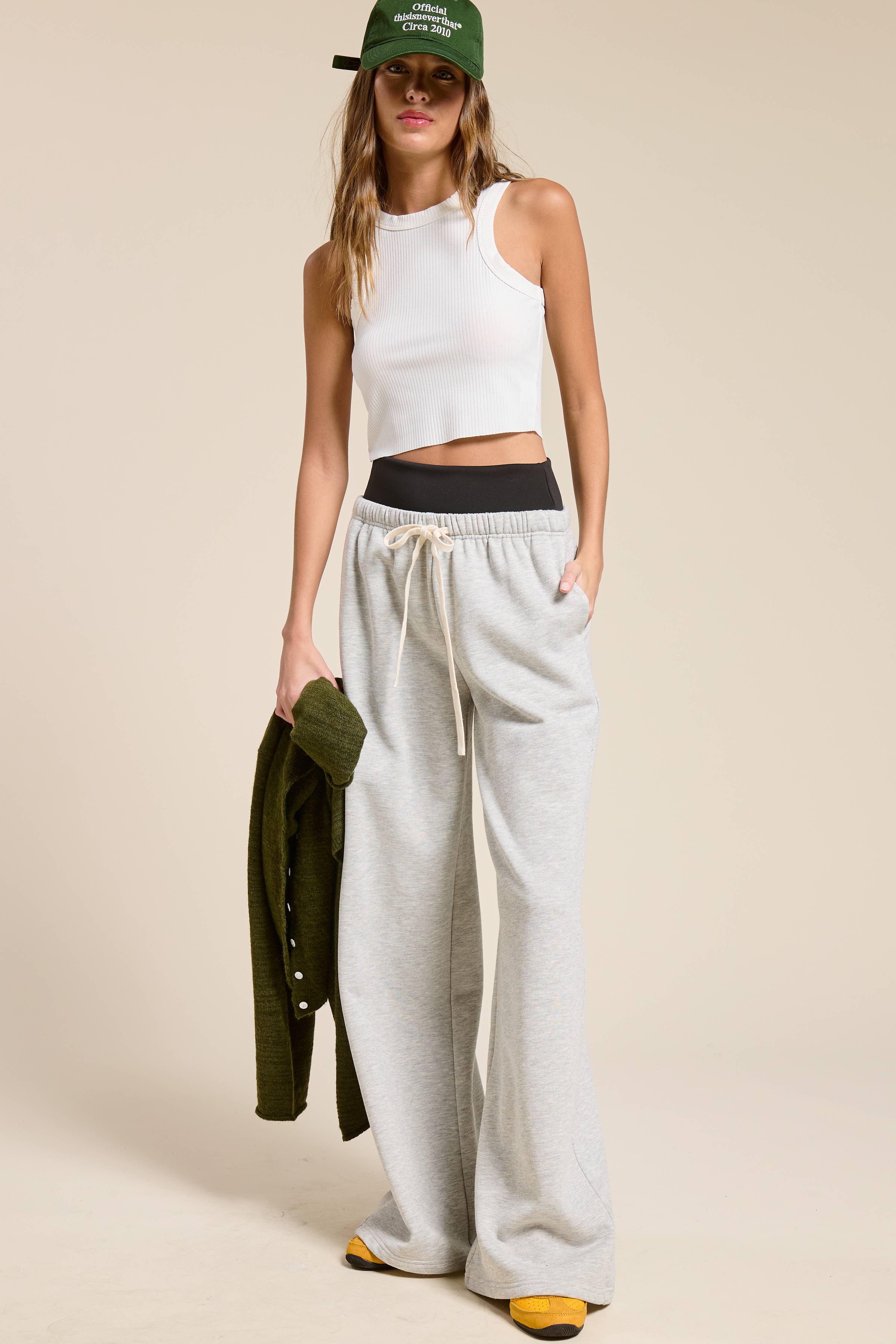 Wide Leg Drawstring Sweatpants with Contrast Waistband