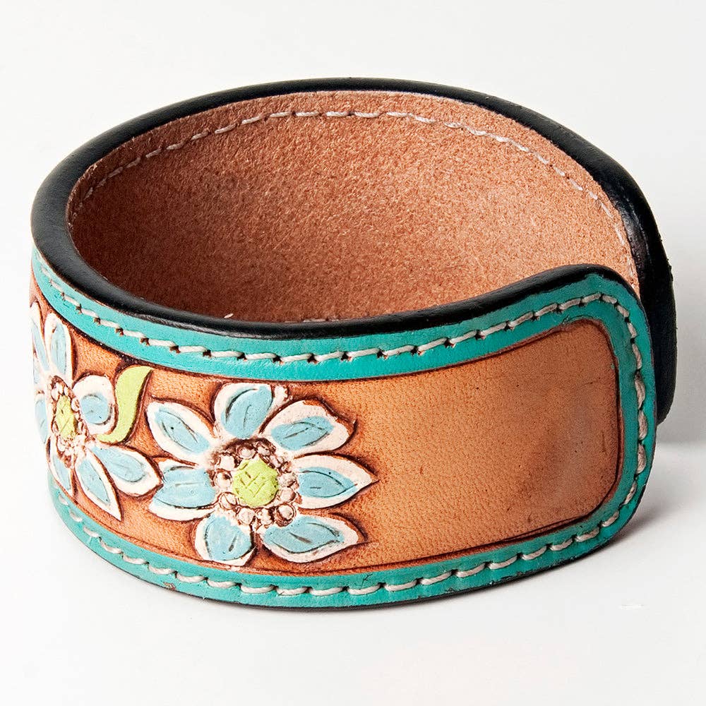 Cactus & Flower Hand Tooled Leather Cuff Bracelet