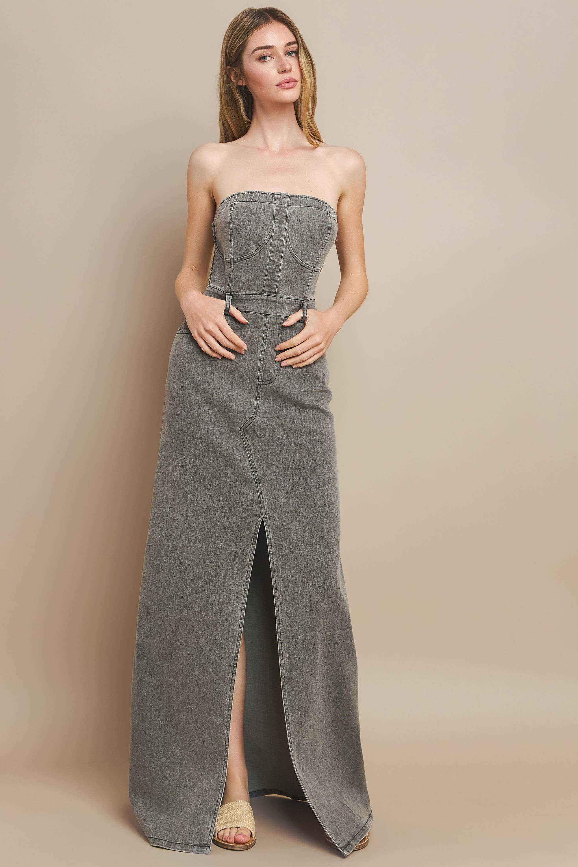 STRAPLESS DENIM MAXI