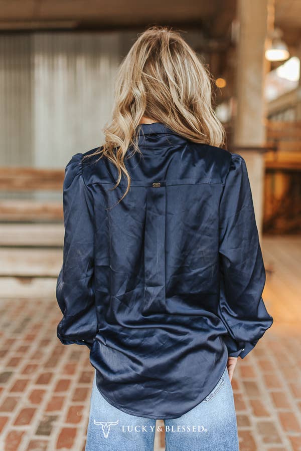 Royal Blue Satin Western Shirt With Saddle Tie
