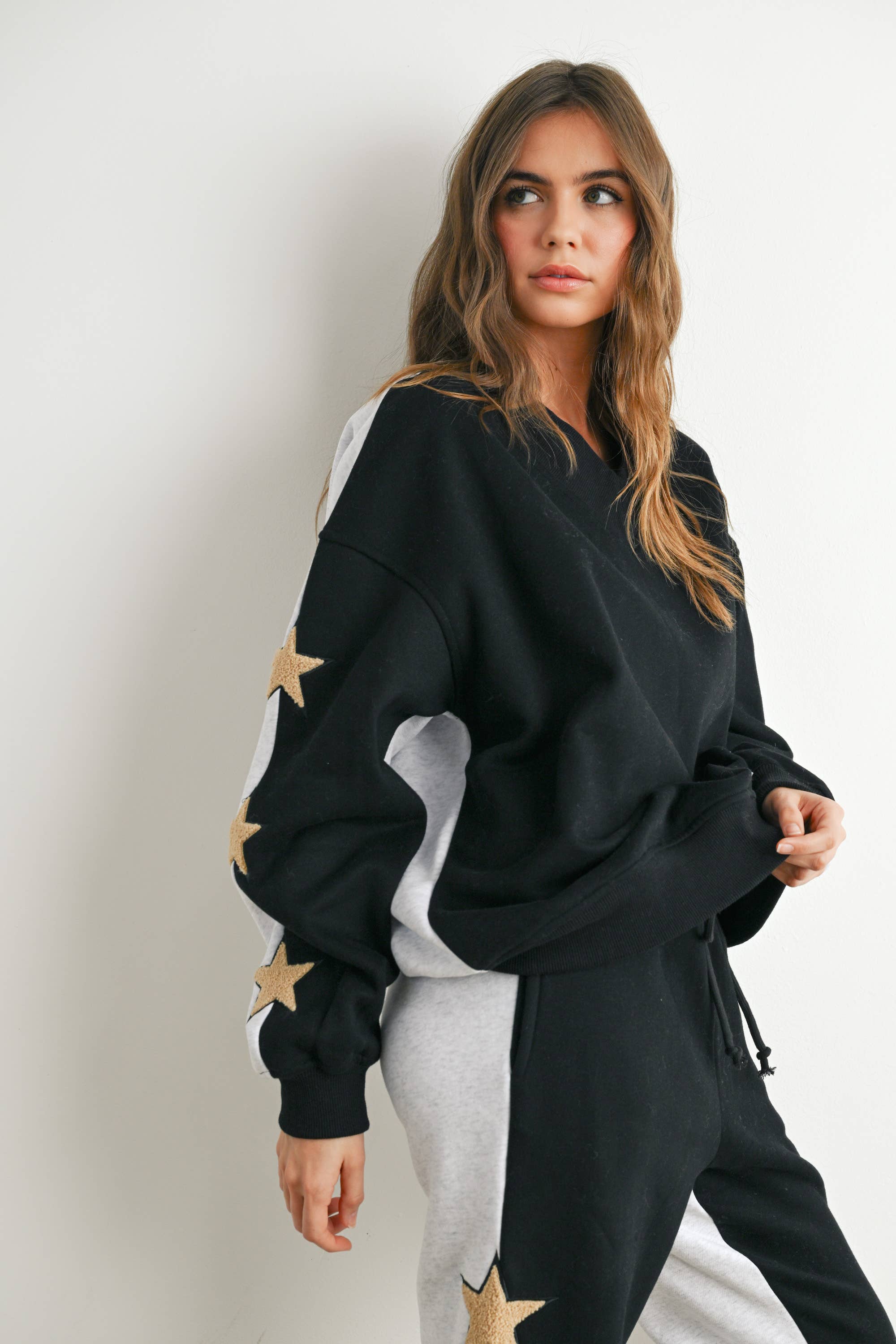 Long Sleeve Round Neck Sweatshirt with Star Detail