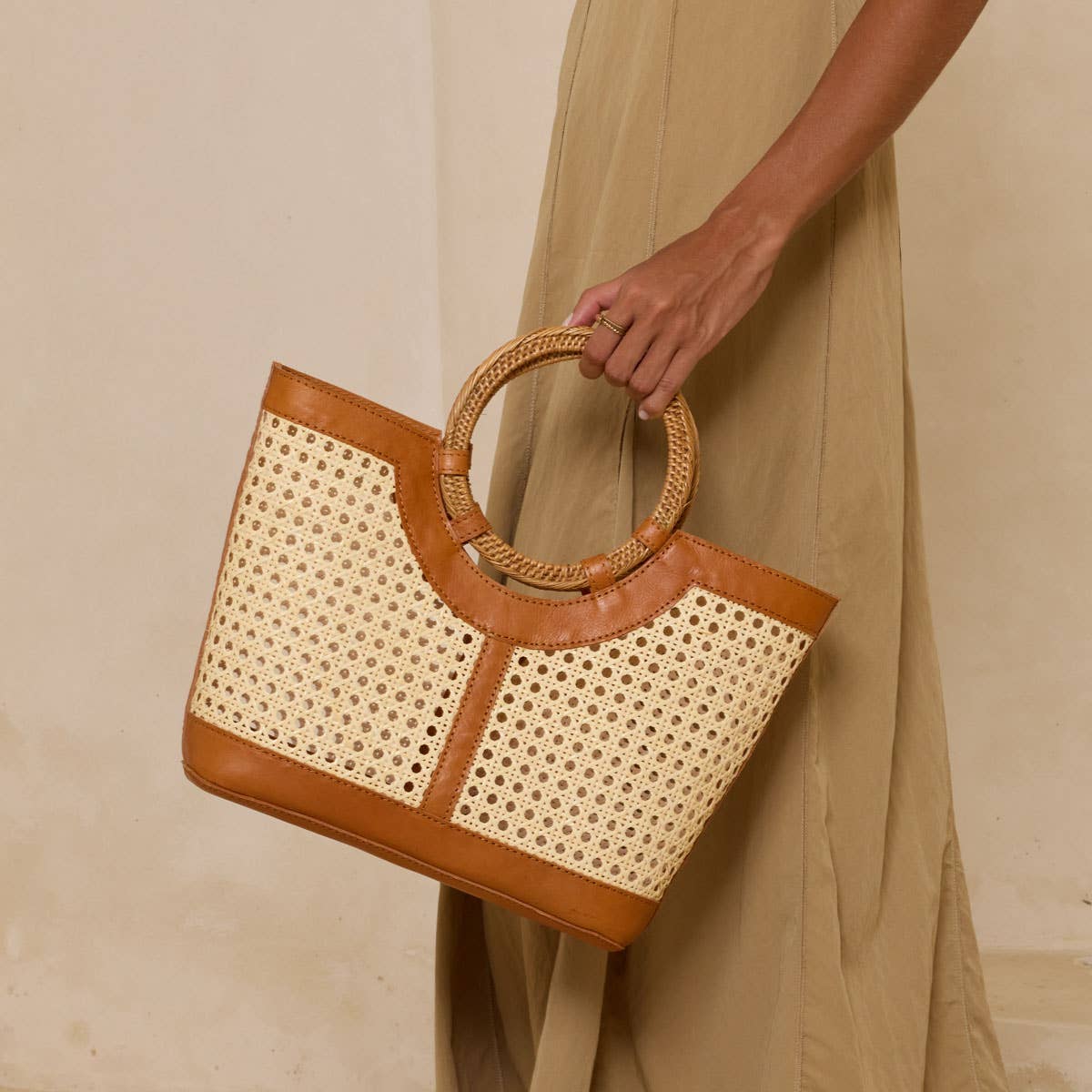 Brown Leather Large Square Cane Weave Tote Rattan Handle