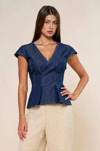 Denim Pleated V Neck Peplum Top