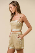 Boho Embroidered Crop Top W/ Matching Shorts Set
