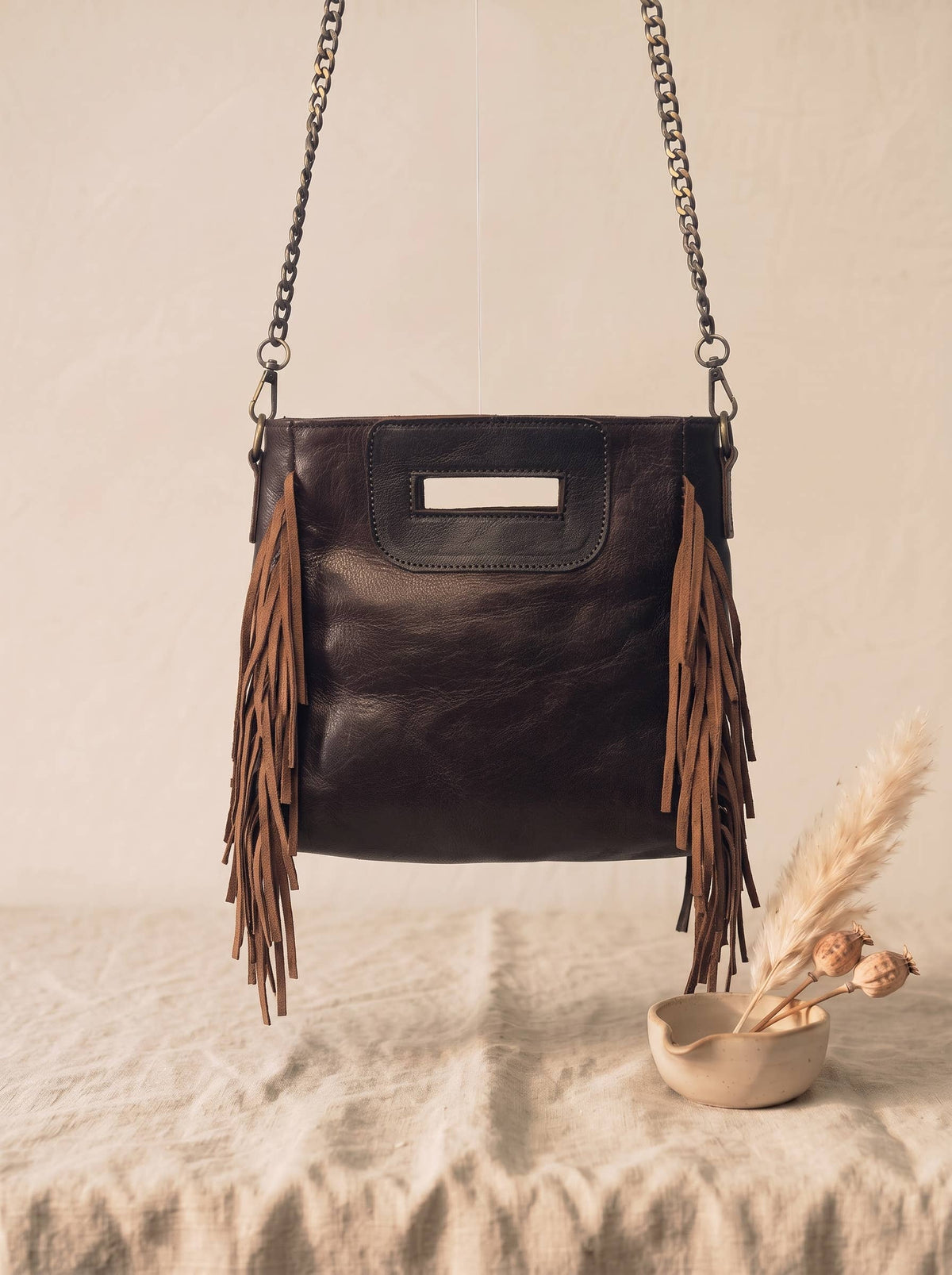 Studded Fringe, Genuine Leather Dark Brown