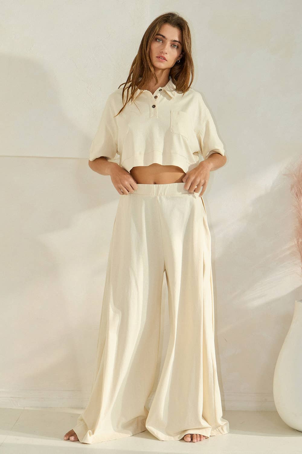 Collared Top and Pleated Wide Leg Pants