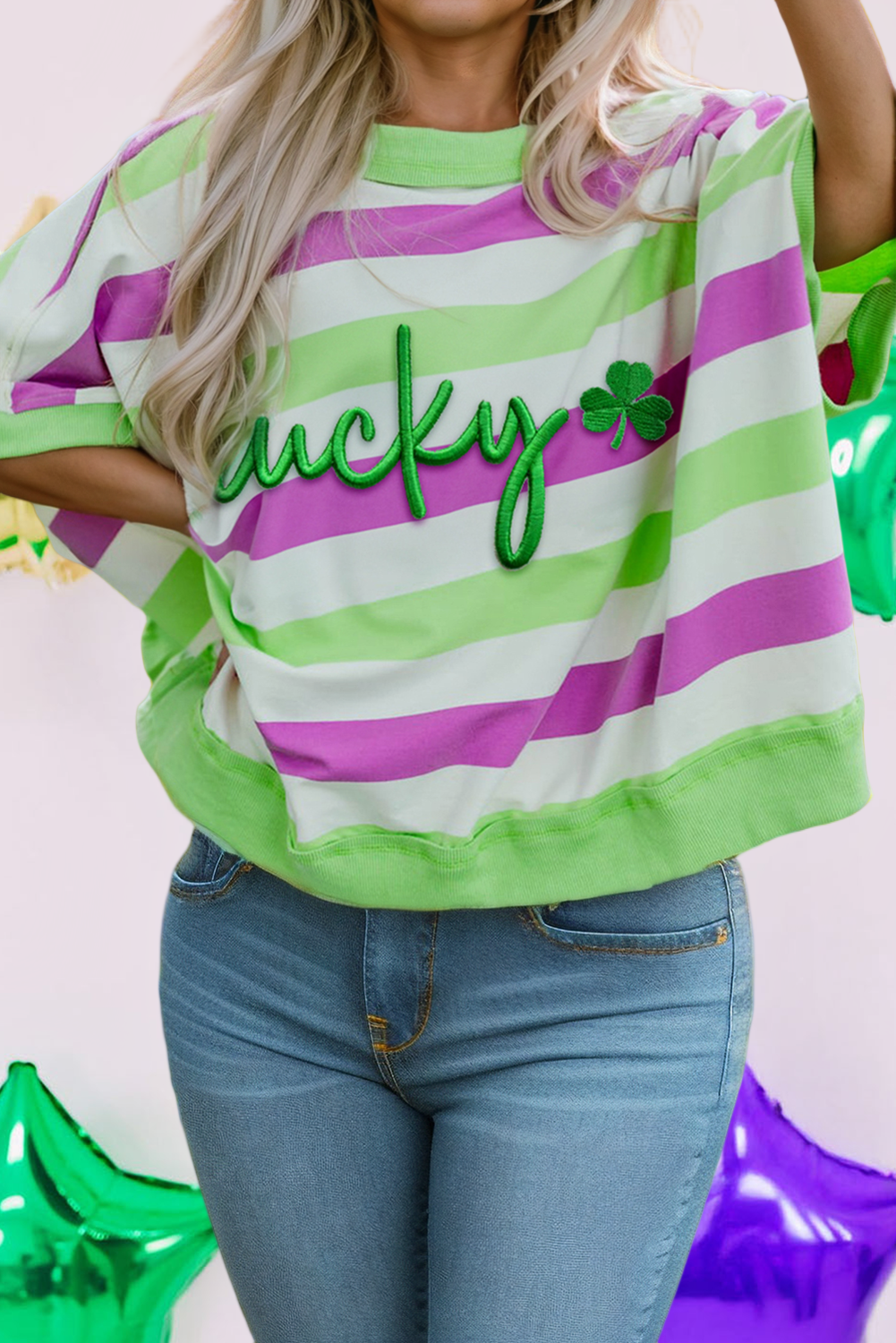 Stripe Lucky Clover Embroidered Graphic Dolman Tee
