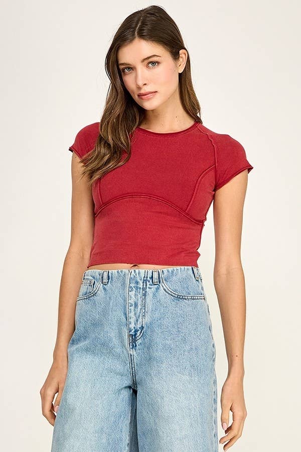 WASHED STRETCH CURVED SEAM CROPPED TOP