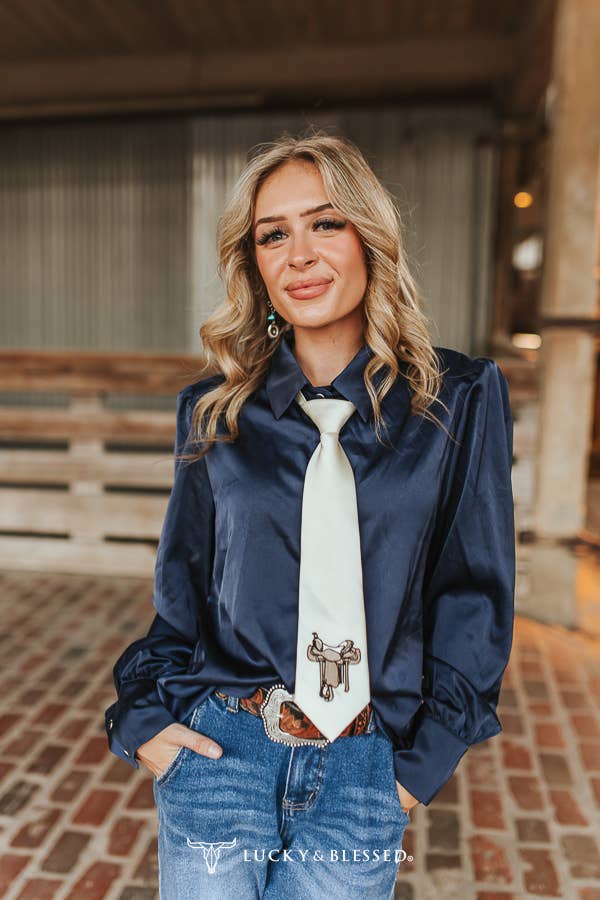 Royal Blue Satin Western Shirt With Saddle Tie