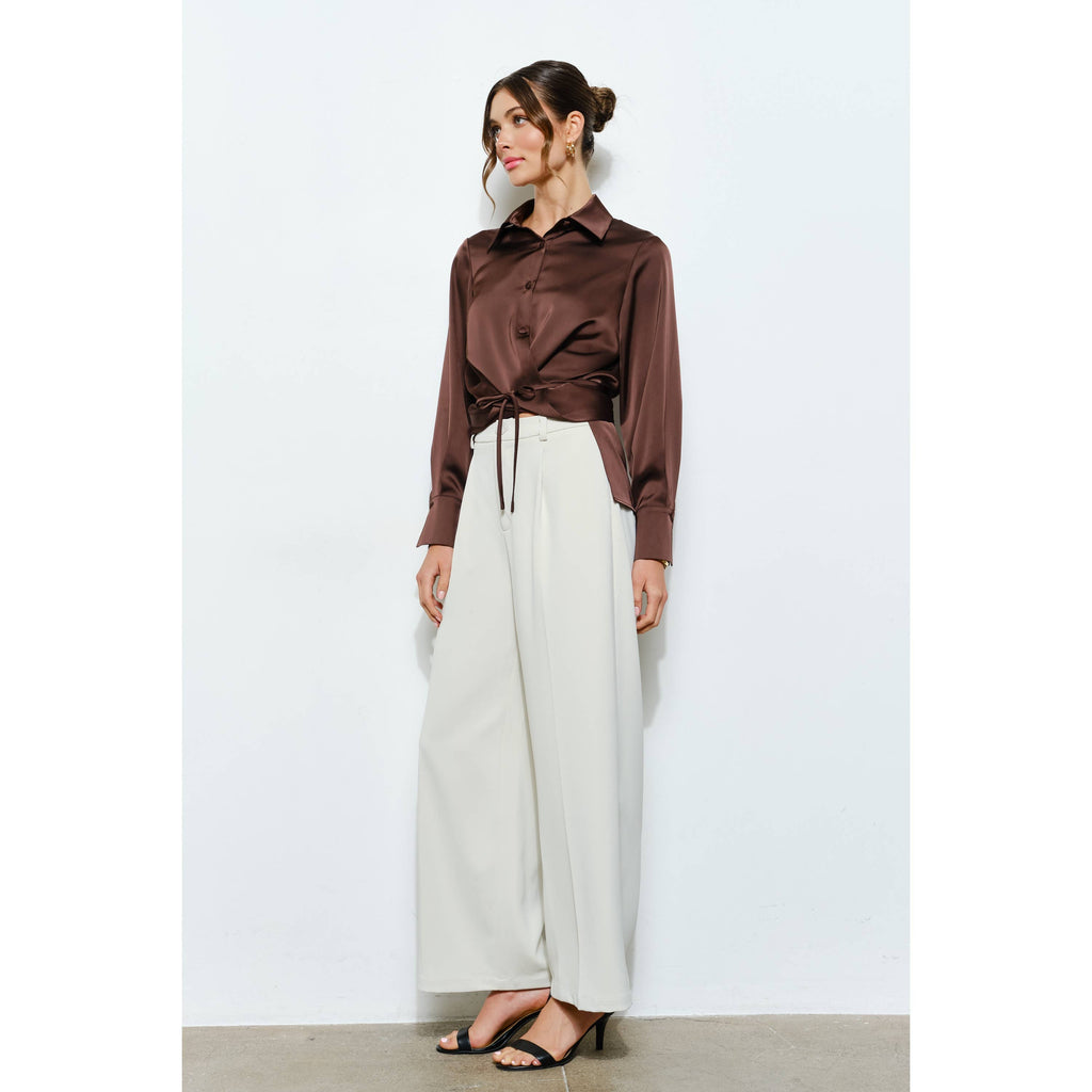Long Sleeve Satin Wrap Waist Blouse