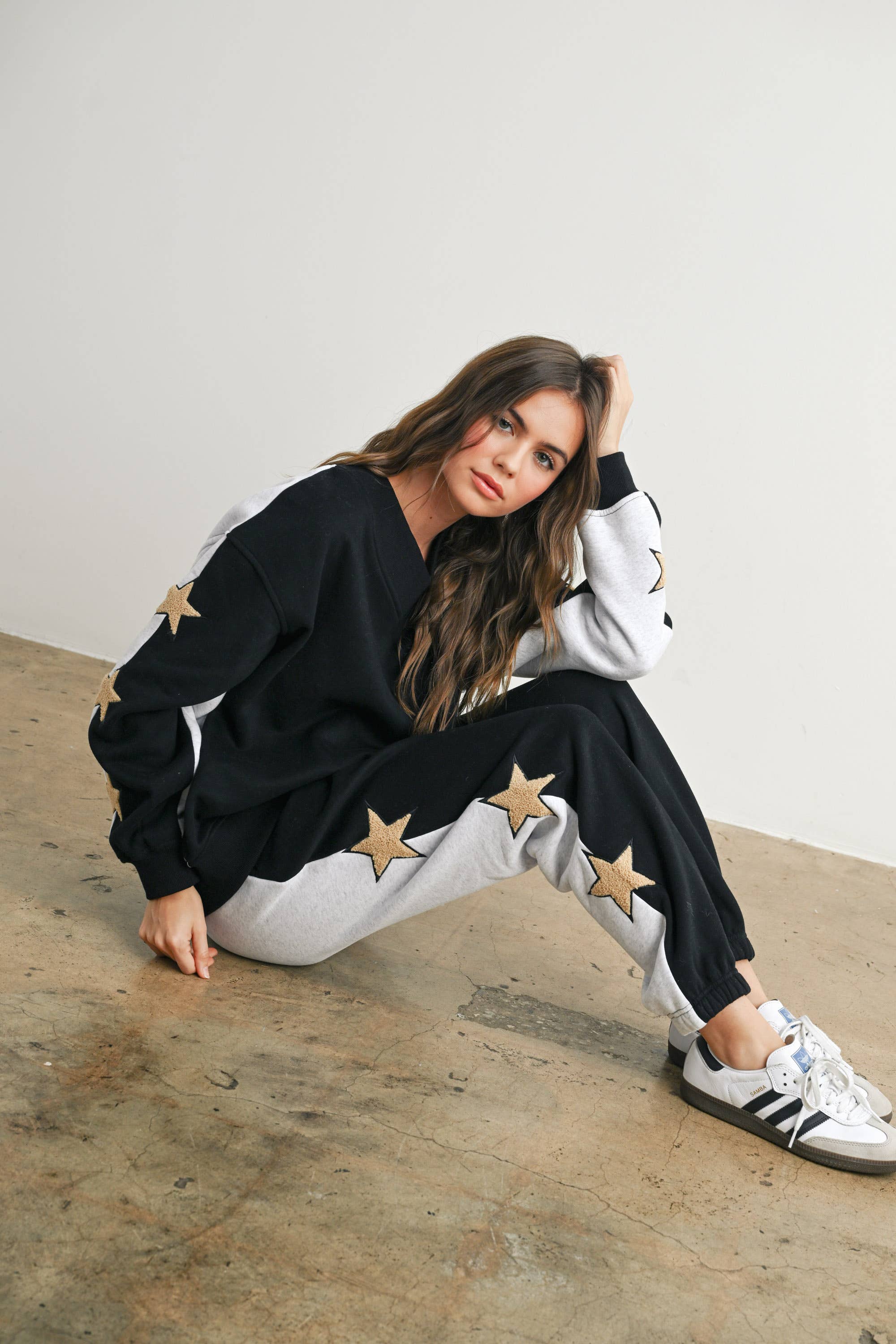 Long Sleeve Round Neck Sweatshirt with Star Detail