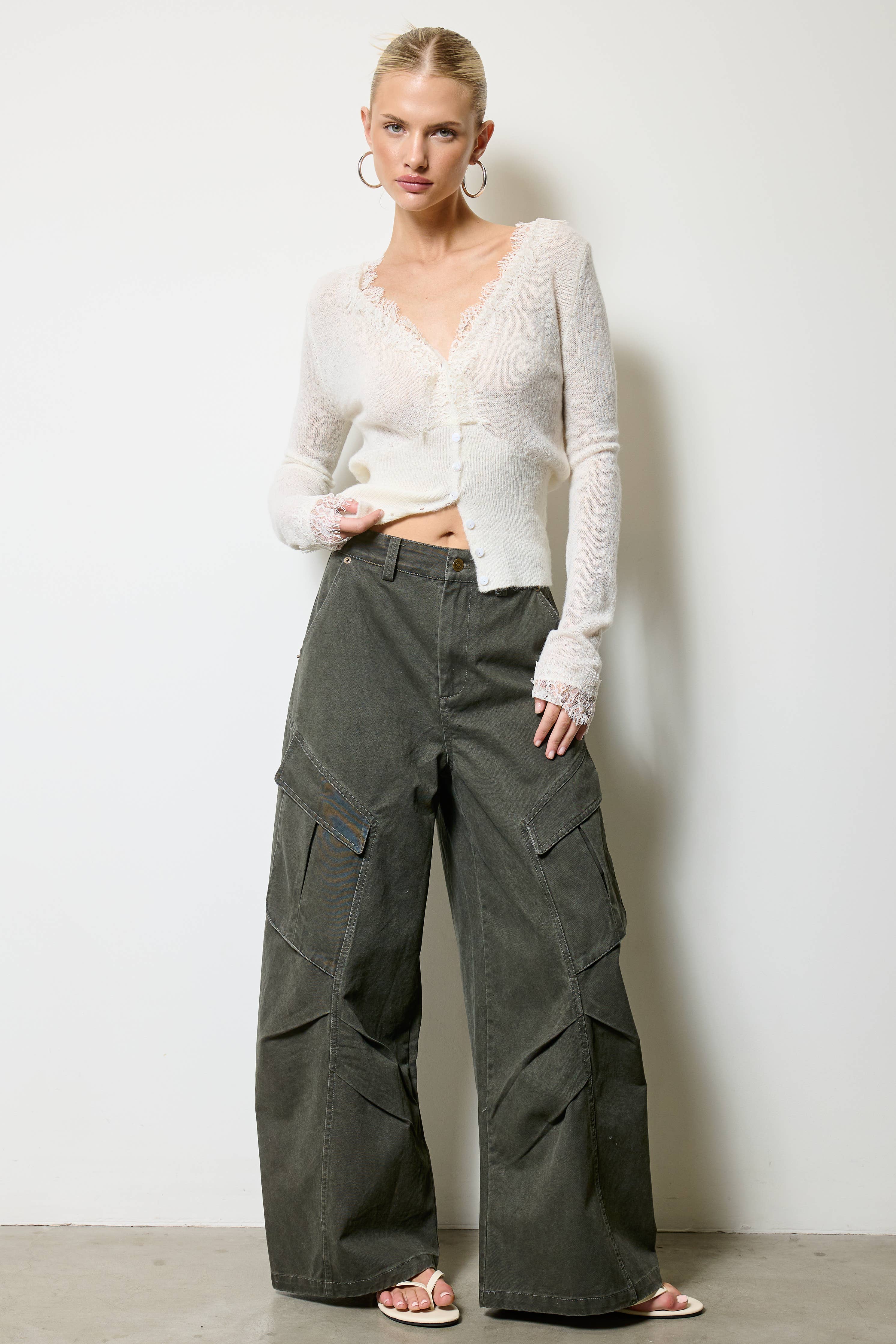 Wide Leg Twill Cargo Pants