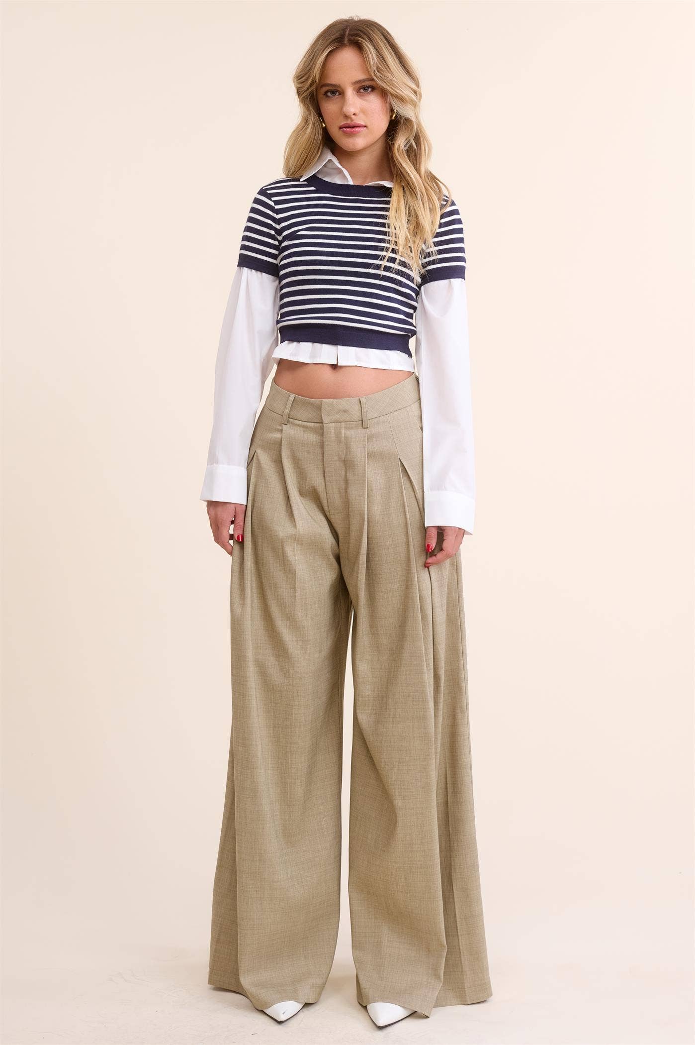 Trendy Low Waist  Wide Leg Pleated Trouser Pants