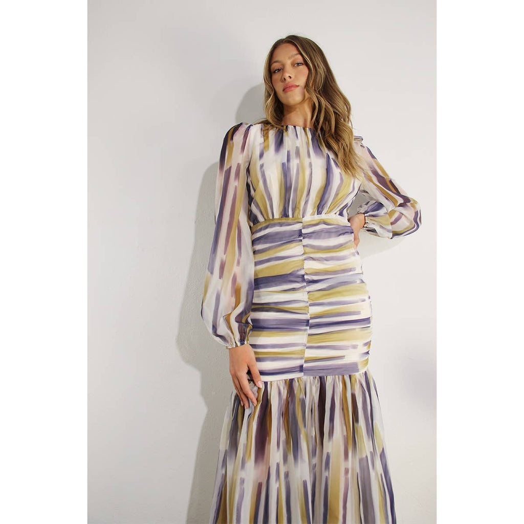 RUCHED LONG CHIFFON DRESS