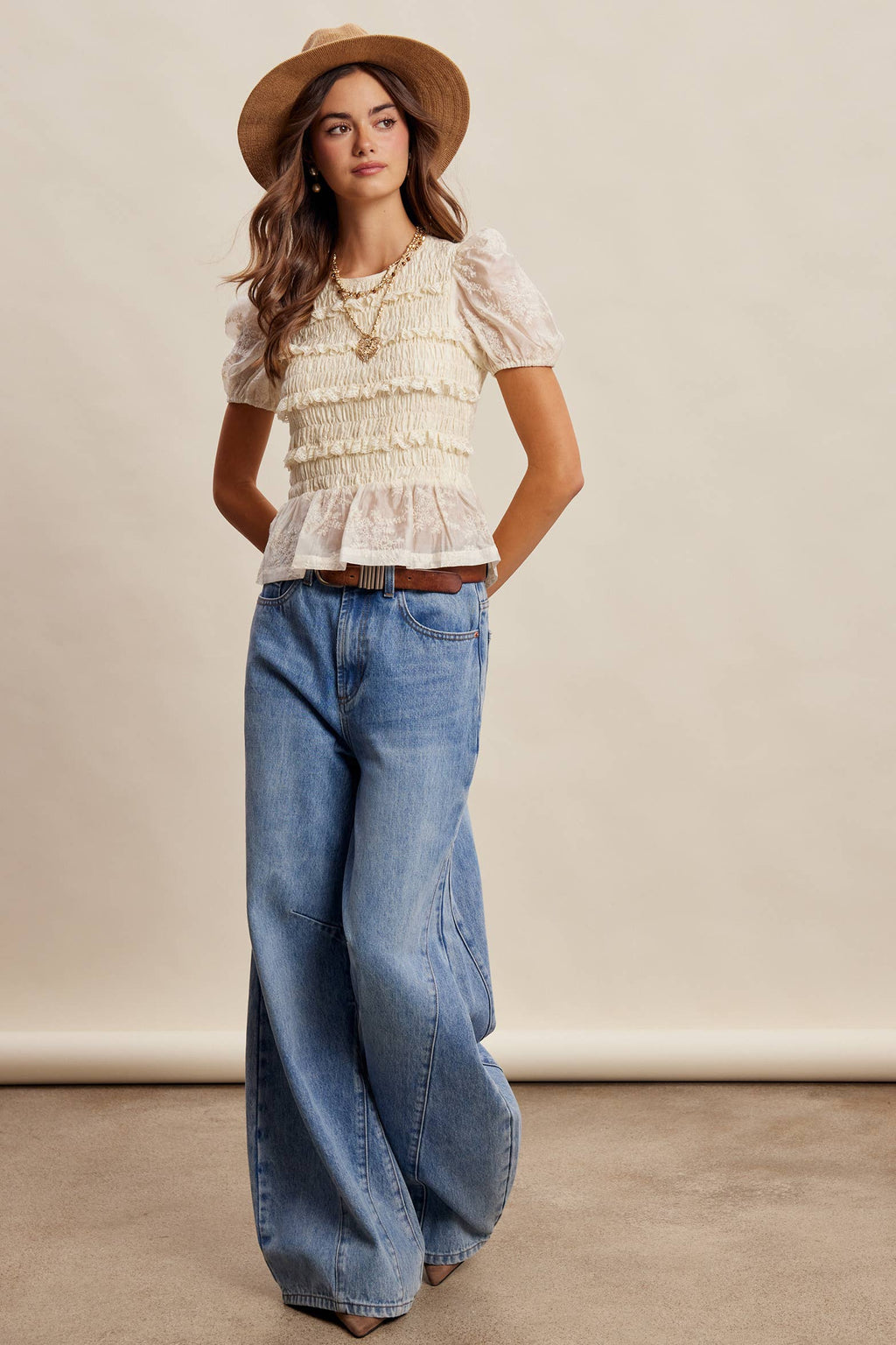 Smocked Lace Puff Sleeve Top