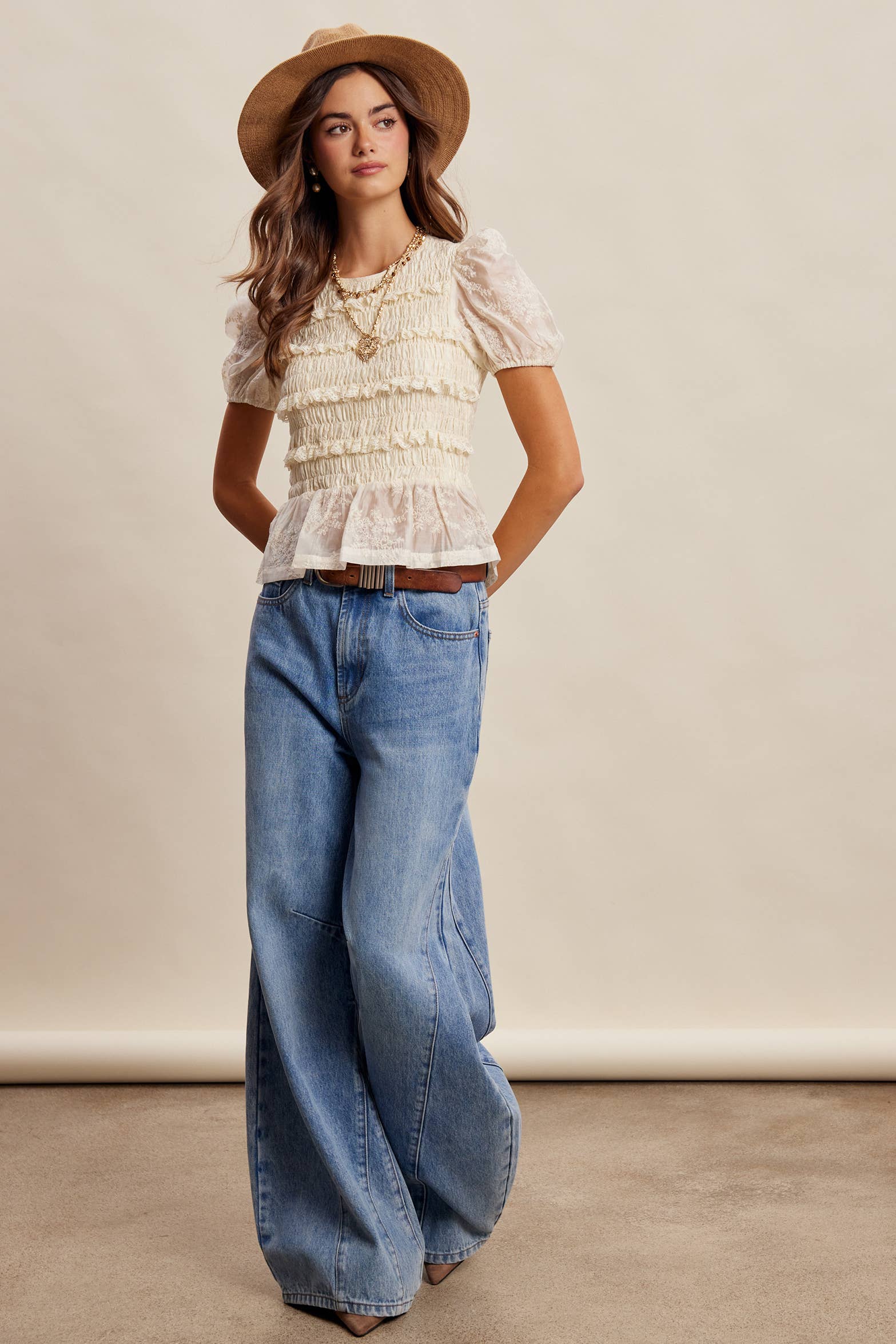 Smocked Lace Puff Sleeve Top